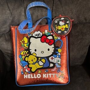 Loungefly Hello Kitty 50 Anniversary Red Tote Bag with Blue Handles
